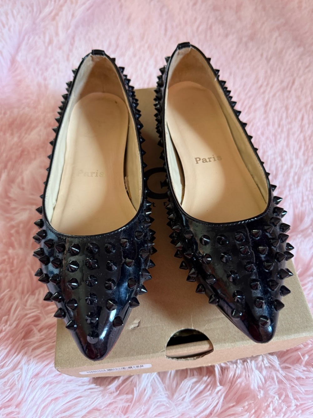 Christian Louboutin Black Patent Studded Pointed Flats